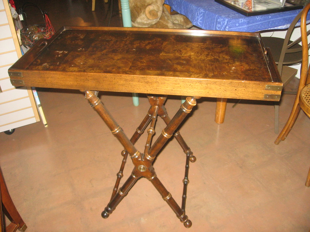 SOLD: Knob Creek burlwood butler tray on stand that flips to 30' tea or 18' coffee table height